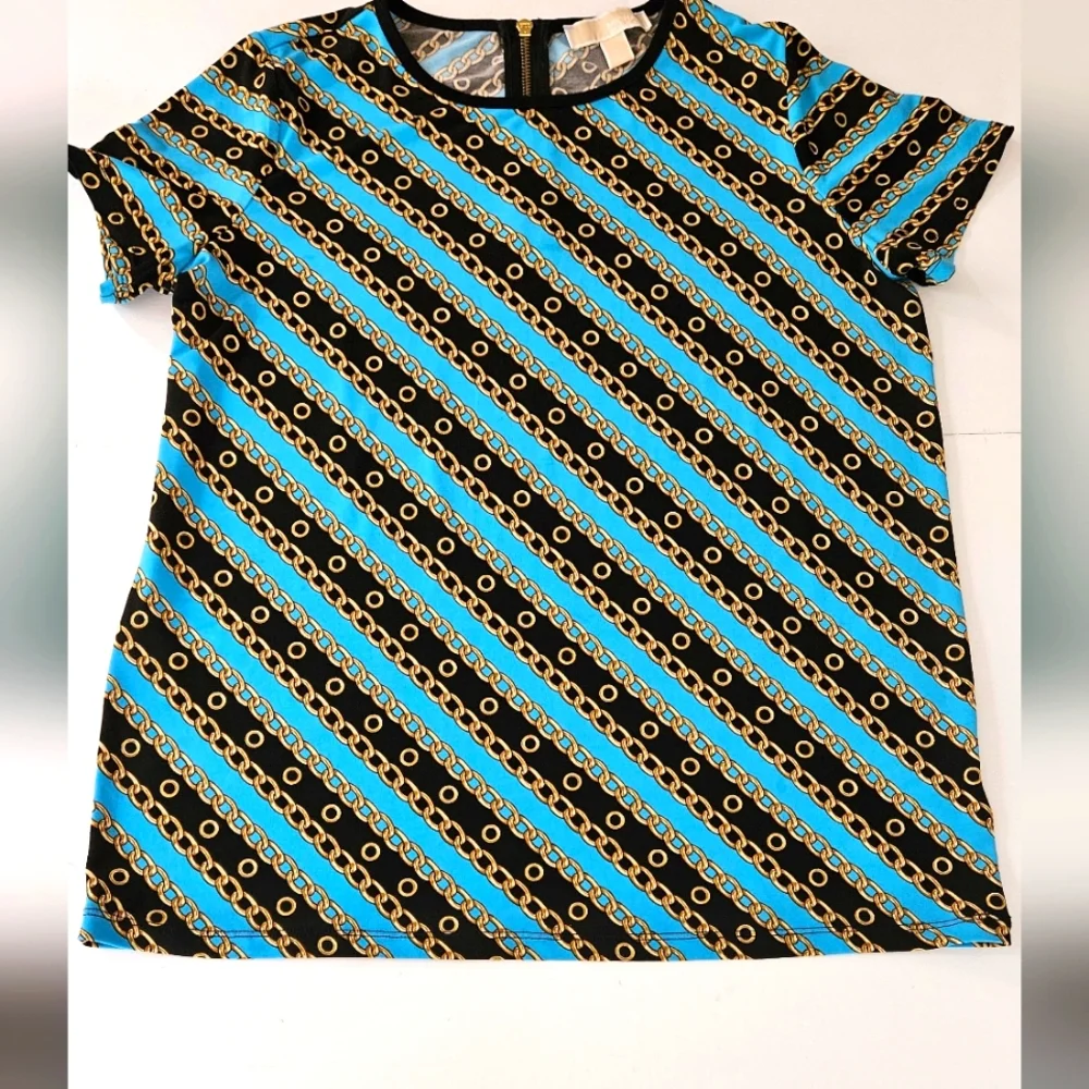 Michael Kors Womens Size Medium Short Sleeve Teal/Black & Chain Link Des…